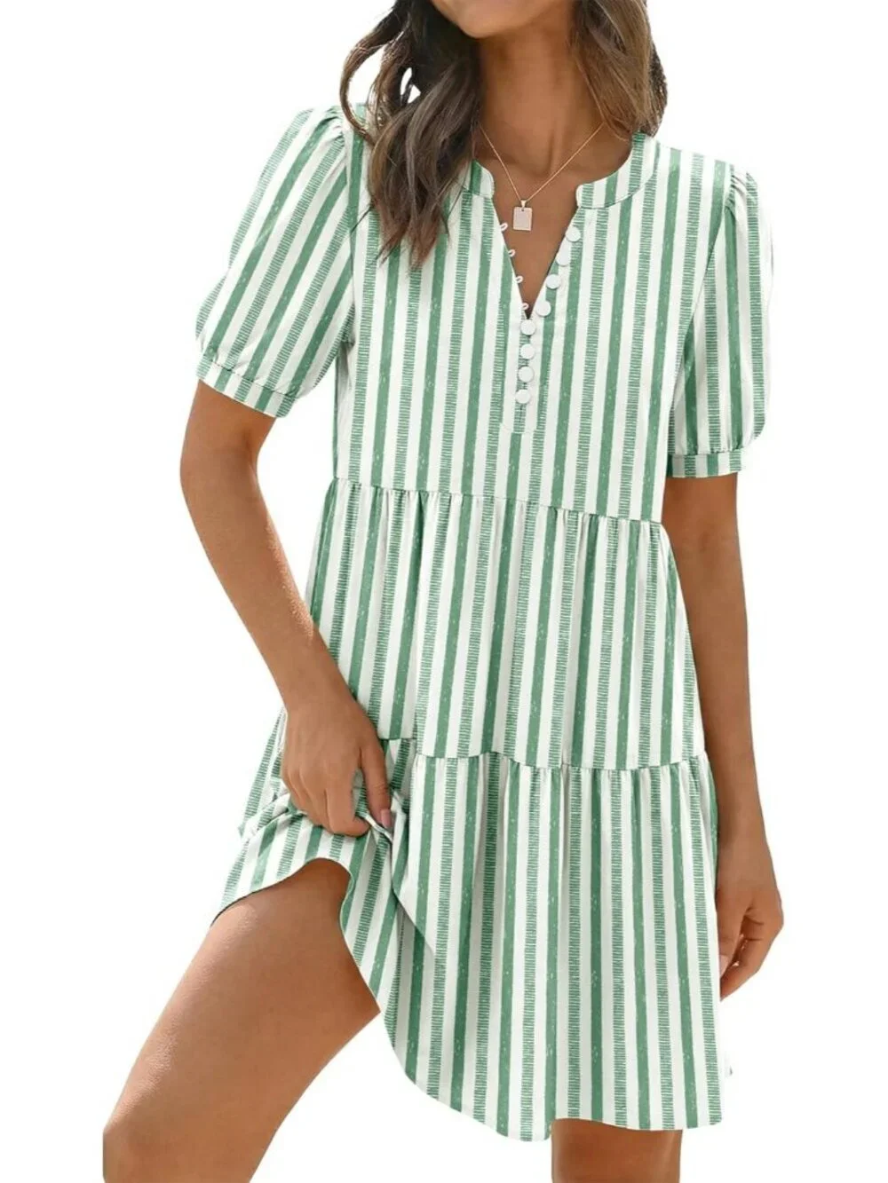 Women's Striped Green Boho Floral Beach Striped Short Sleeve T-shirt Mini Dress